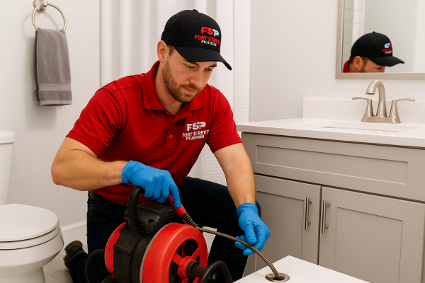 Fort Street Plumbing plumber using a drain cleaning machine to clear a clogged drain in Metro Detroit.