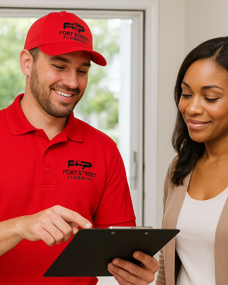 Fort Street Plumbing plumber in uniform reviewing paperwork with a homeowner, representing an easy and transparent plumbing process in Metro Detroit