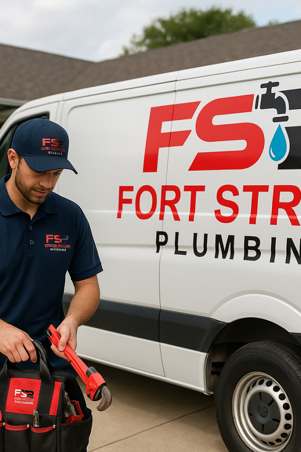 Fort Street Plumbing service truck with logo and plumber unloading tools at a Lincoln Park home.