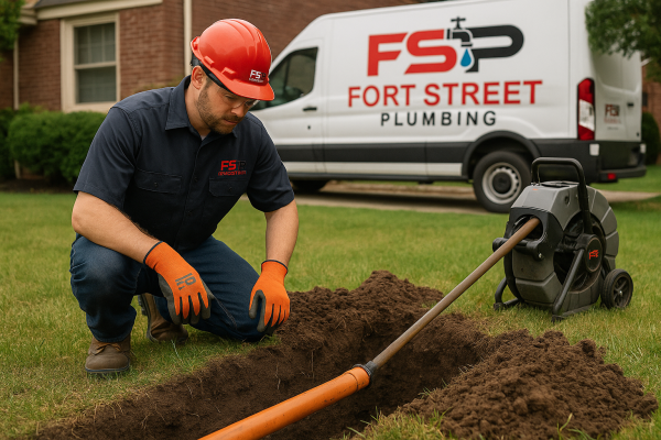 Fort Street Plumbing team repairing underground sewer line using trenchless technology in Metro Detroit