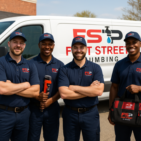 Fort Street Plumbing licensed and insured plumbers in uniform standing proudly in front of branded service truck in Metro Detroit
